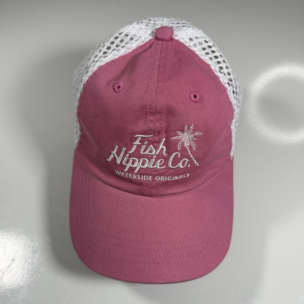 Pink Trucker Hat "Fish Hippie Co. Waterside Originals" Palm Tree White Mesh Back